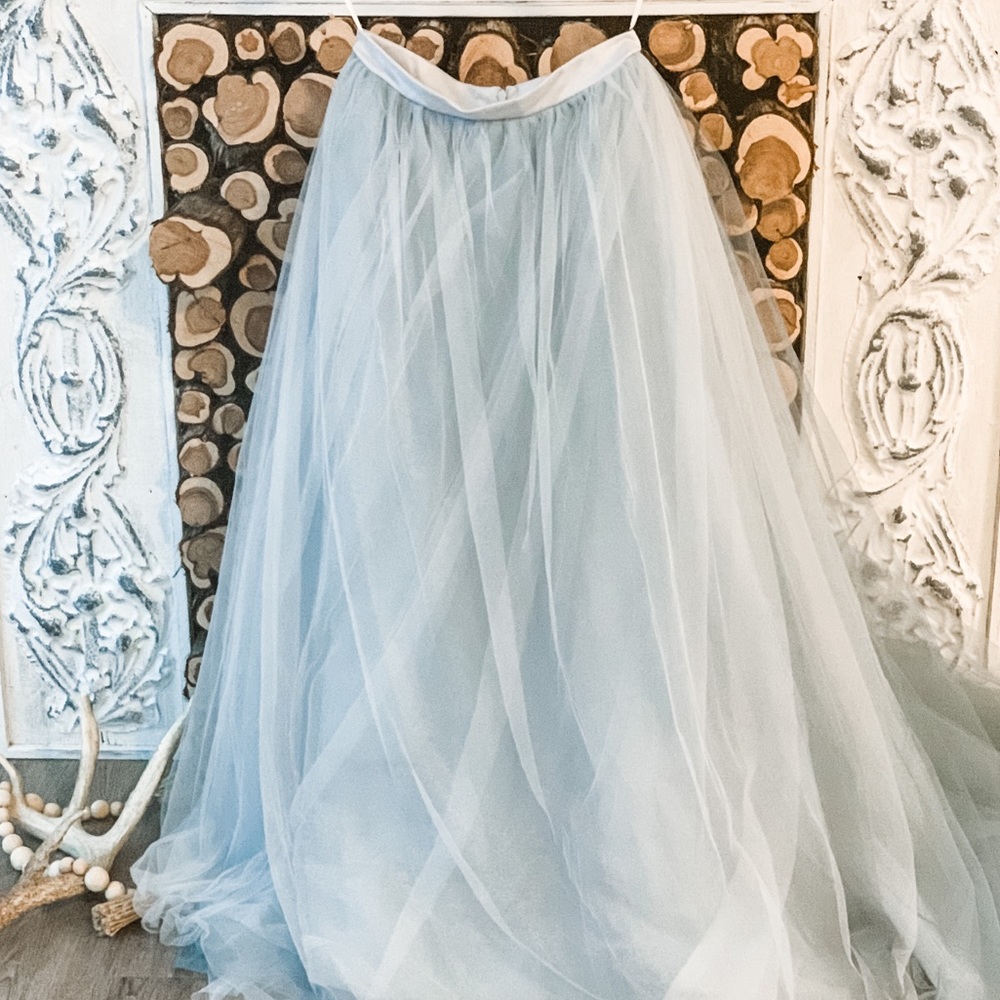 Dusty Blue Tulle Skirt, Long Train